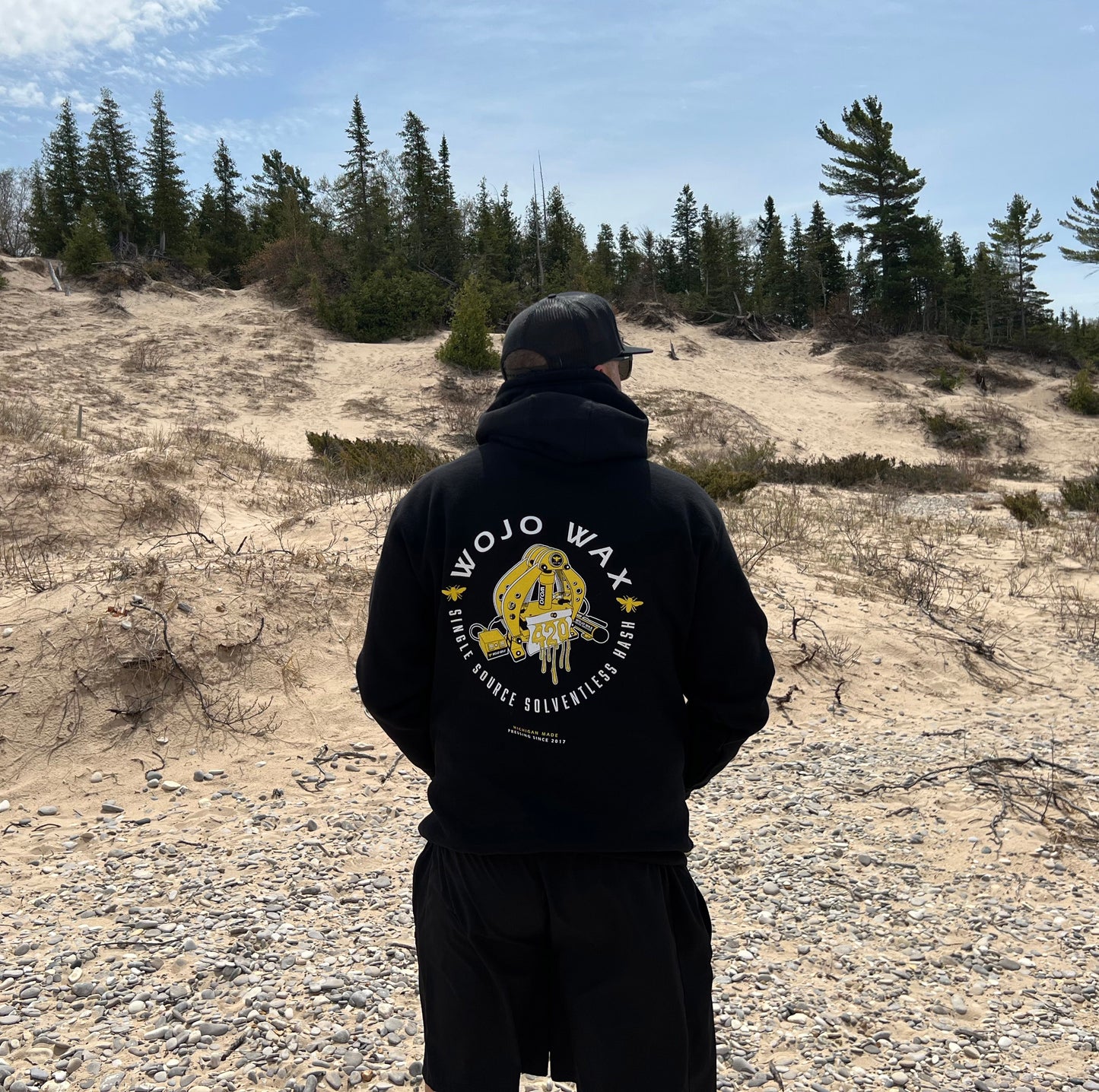 420 Press Hoodie, Rosin, sand dunes, black sweatshirt, Wojo Wax, Forever Caregivers